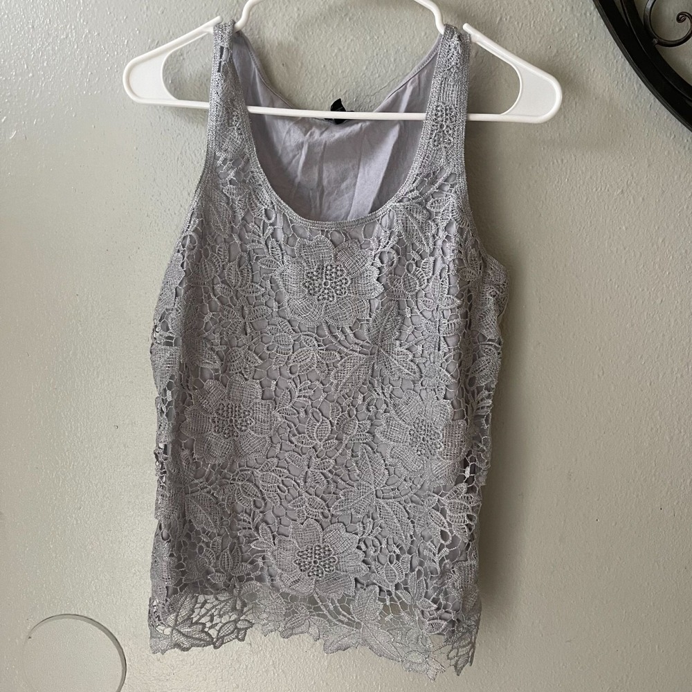 Express Gray Lace Overlay Tank Top With Floral Design